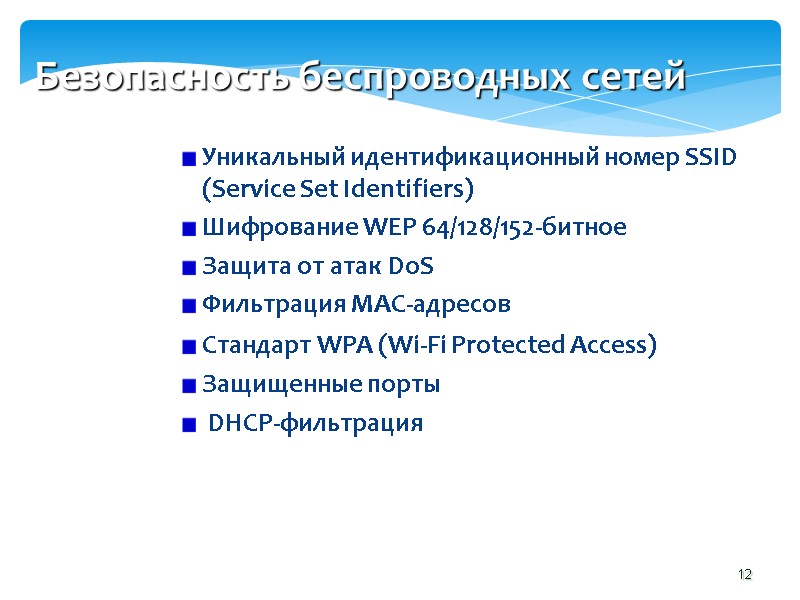 Безопасность беспроводных сетей Уникальный идентификационный номер SSID (Service Set Identifiers) Шифрование WEP 64/128/152-битное 